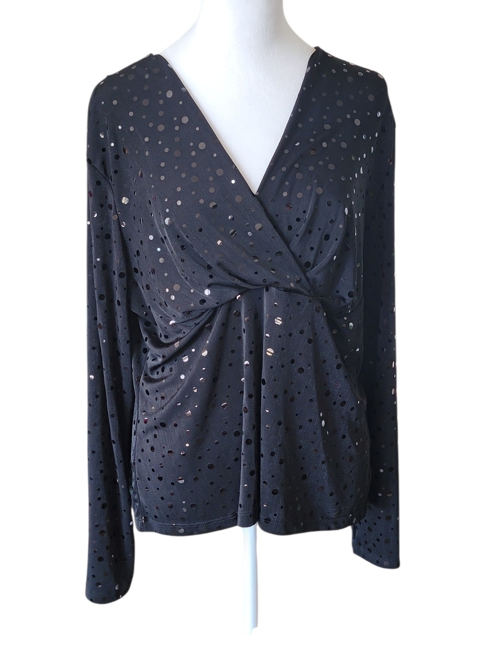 Womens Black Sequin Polka Dot Wrap-Front Womens Top XL